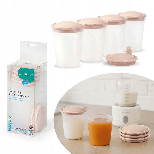 BabyOno Pojemniki na Pokarm Wielorazowe z Miarką i Ustnikiem 4x200ml BPA Free