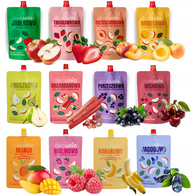 OwoLovo MIX SMAKÓW Musów Owocowych Mus 12 Smaków x 200g