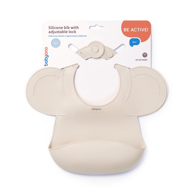 Silikonowy śliniak z regulowanym zapięciem Babyono 1639/04 beżowy