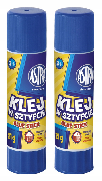 2x KLEJ W SZTYFCIE 21g Szkolny Biurowy Mocny Zmywalny Bezbarwny 3+ Astra