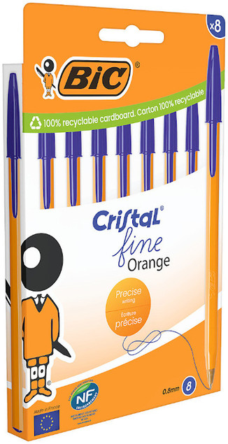 Zestaw 8x Długopis BIC Cristal Orange Fine 0.8mm Niebieski – Precyzyjna Linia