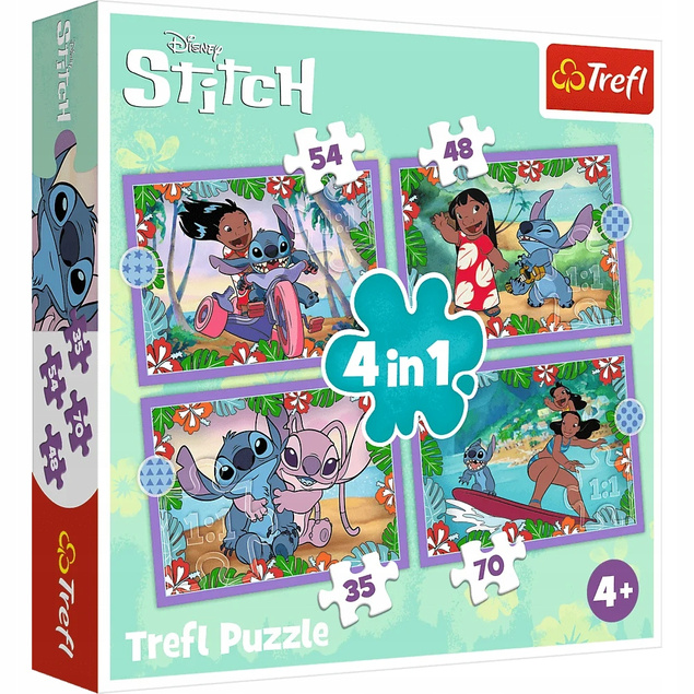 Puzzle 4w1 Układanka STITCH Szalony Dzień Lilo&Stitch Angela 4+ Trefl 34633