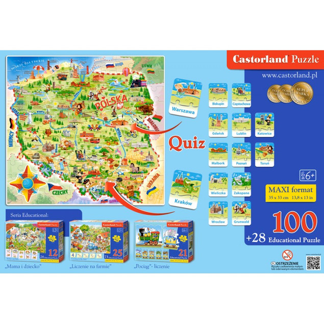 Puzzle 100 Układanka MAPA POLSKI Dla Dzieci 28 Puzzli z Miastami 6+ Castor