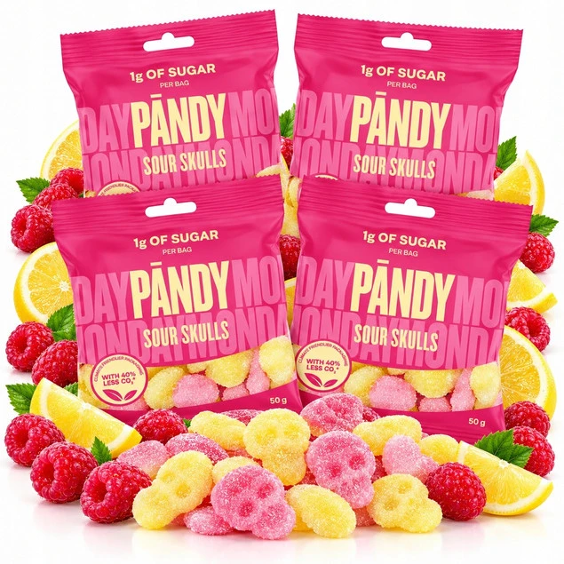 PANDY Żelki Sour Skulls Kwaśne Malinowo-Cytrynowe 50 g x4
