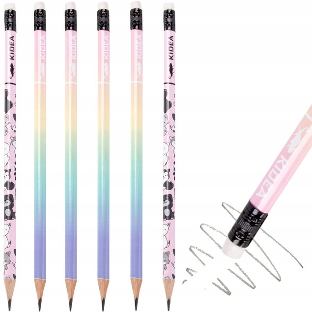 6x Ołówek szkolny trójkątny z gumką HB Kidea mix 