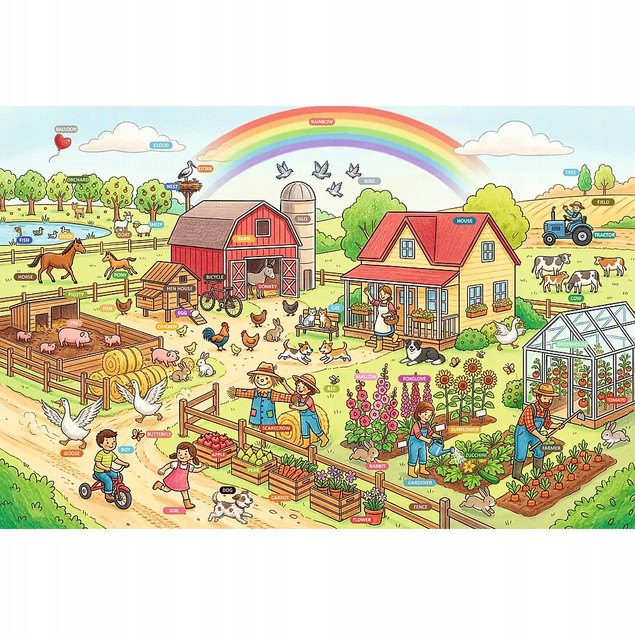 Trefl Puzzle Rodzina Treflików, Edukacyjne 104 el. Na wsi i w ogrodzie