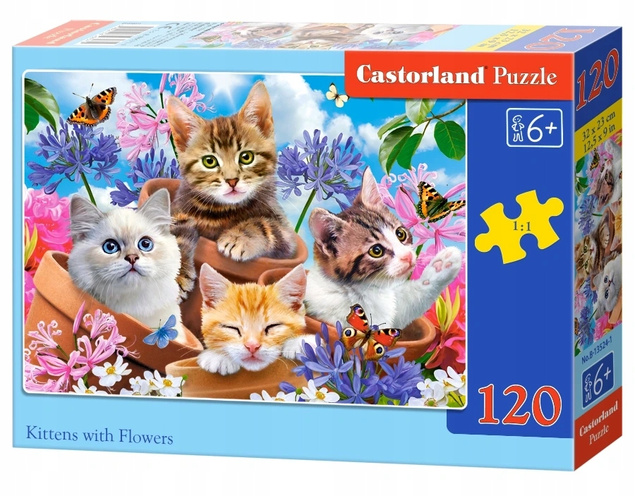 Puzzle 120 Układanka Koty KOTKI Motyl Kwiaty Zwierzęta Kocięta 6+ Castor