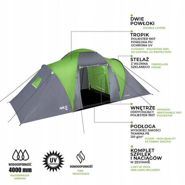 Duży Namiot Turystyczny Kempingowy 6osobowy Wodoodporny NILS NC6031