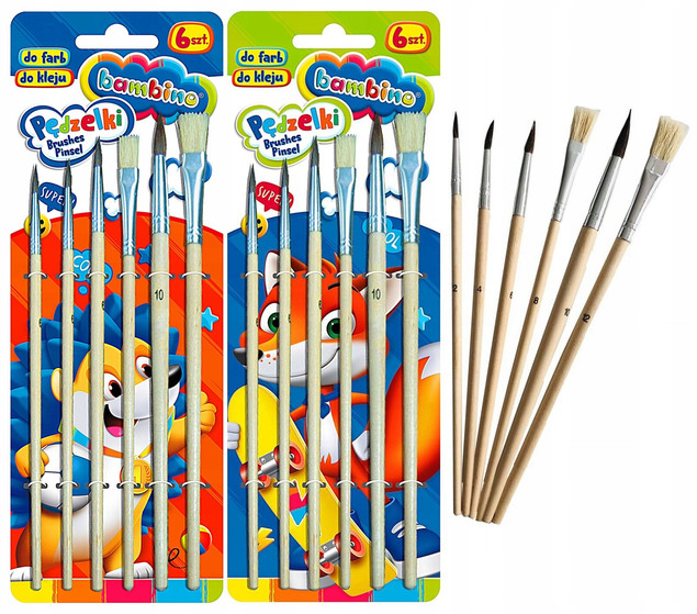 2x Bambino Pędzle Pędzelki Szkolne Zestaw Do Farb 6 Sztuk Bambino