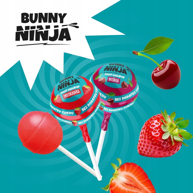 BUNNY NINJA Lizaki Owocowe TRUSKAWKA WIŚNIA Bez Cukry Glutenu 12 x 10g