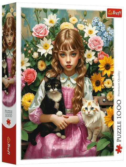 Puzzle 1000 el. Trefl Dziewczynka z Kotami w Kwiatach AI