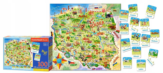 Puzzle 100 Układanka MAPA POLSKI Dla Dzieci 28 Puzzli z Miastami 6+ Castor