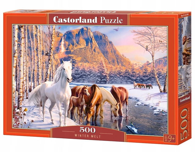 Puzzle 500 Układanka Zima KONIE Zwierzęta Góry Rzeka Las Widok 9+6 Castor