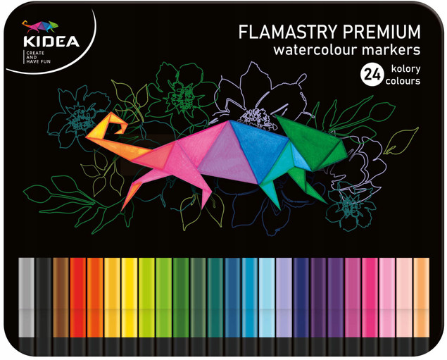 Flamastry Kwadratowe Premium 24 Kolory W Metalowym Pudełku Kidea