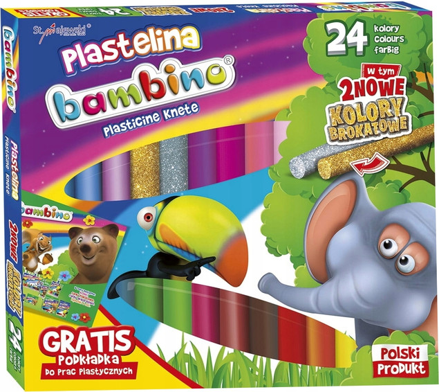 Bambino plastelina szkolna 24 kolory (złota, srebrna brokatowa) + podkładka