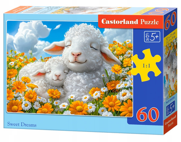 PUZZLE 60 UKŁADANKA ZWIERZĘTA FARMA WIEŚ OWCE OWIECZKI KWIATY SNY 5+ CASTOR