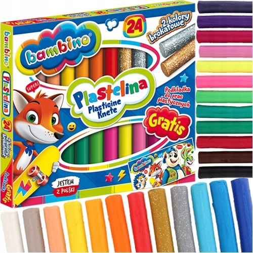 Bambino plastelina szkolna 24 kolory (złota, srebrna brokatowa) + podkładka