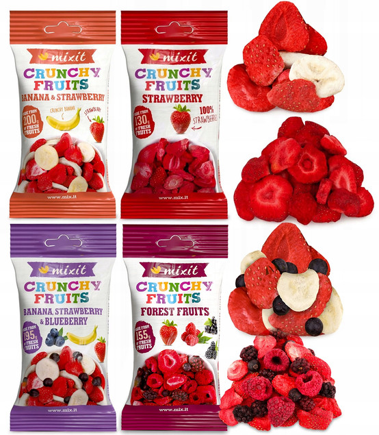 MIXIT Chrupiące Liofilizowane Owoce MIX SMAKÓW Truskawka Banan x4