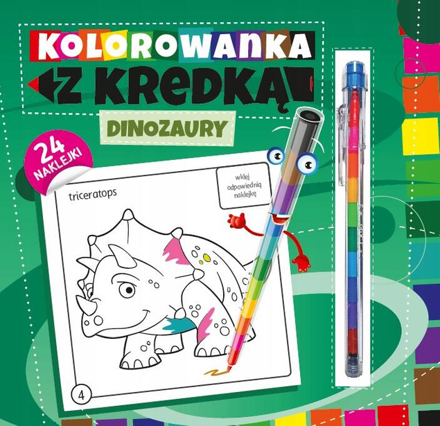 KOLOROWANKA Z KREDKĄ DINOZAURY + NAKLEJKI WYD. PRYZMAT