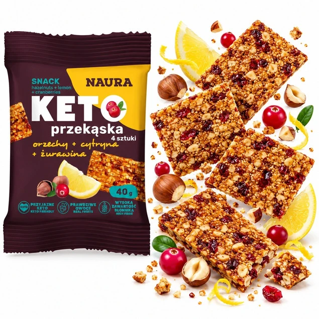 Naura KETO Przekąska z Orzechami Laskowymi Cytryną i Żurawiną 40g