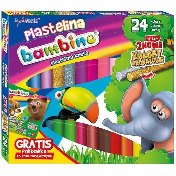 Bambino plastelina szkolna 24 kolory (złota, srebrna brokatowa) + podkładka