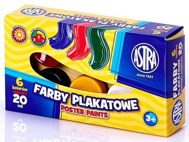 Farby Szkolne Plakatowe Do Prac Plastycznych Dla Dzieci 6 kol 20ml 3+ Astra