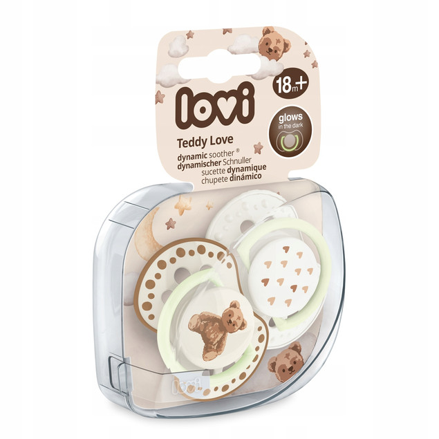 Smoczek Silikonowy Dynamiczny LOVI 18m + 2 szt. MIŚ Teddy Świecący