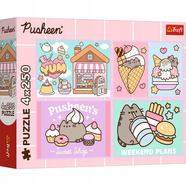Trefl Puzzle Pusheen 4x250 el. Zestaw 4w1 Poznajcie Kotka