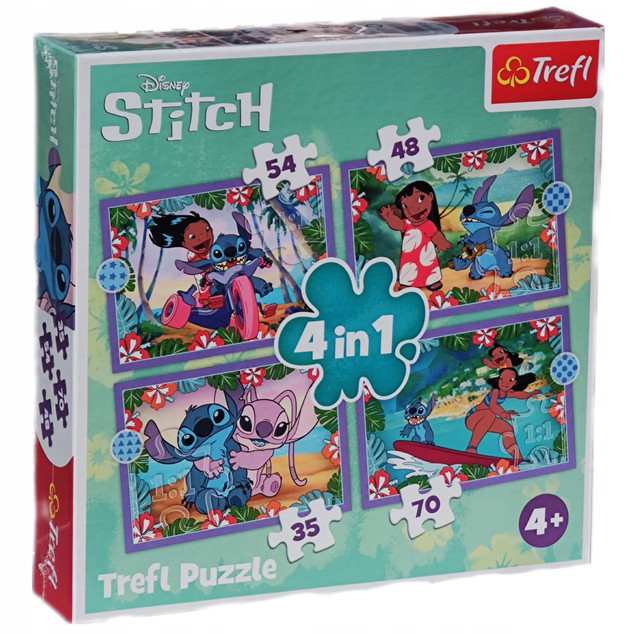 Puzzle 4w1 Układanka STITCH Szalony Dzień Lilo&Stitch Angela 4+ Trefl 34633