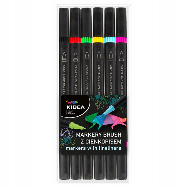 KIDEA Markery BRUSH z Cienkopisem Dwustronne Pędzelkowe 6 Kolorów