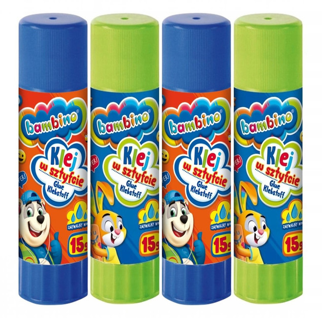 4x Klej w Sztyfcie Szkolny Biurowy Mocny Zmywalny Bezbarwny 15g Bambino