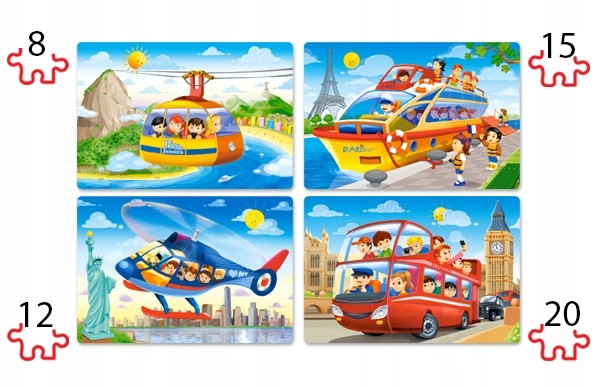 Puzzle 4w1 Układanka Podróż POJAZDY Helikopter Statek Kolejka Autobus 3+
