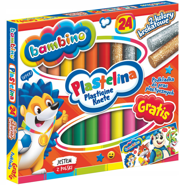 Bambino plastelina szkolna 24 kolory (złota, srebrna brokatowa) + podkładka