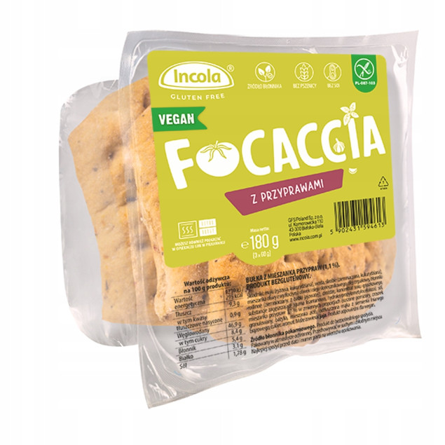 Incola Bezglutenowa Focaccia z przyprawami 180 g (3x60g)
