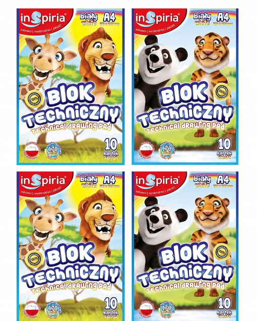 BLOK TECHNICZNY SZKOLNY GRUBY FORMAT A4 10 KARTEK BIAŁY 170G ZESTAW 4 SZTUK