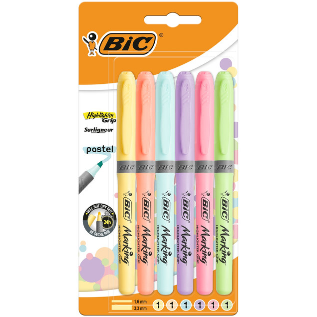 Zakreślacz Szkolny Highlighter PASTEL Grip Biurowy 6 Kolorów BIC