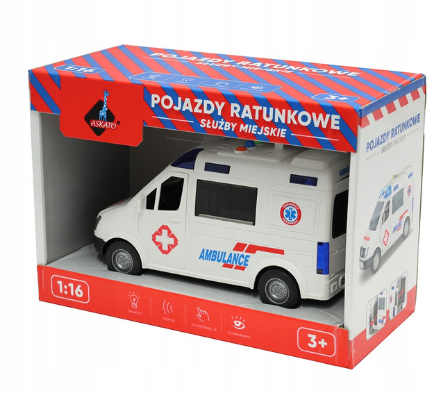 INTERAKTYWNY AMBULANS KARETKA POGOTOWIE 1:16 DŹWIĘK ŚWIATŁO OTWIERANE DRZWI