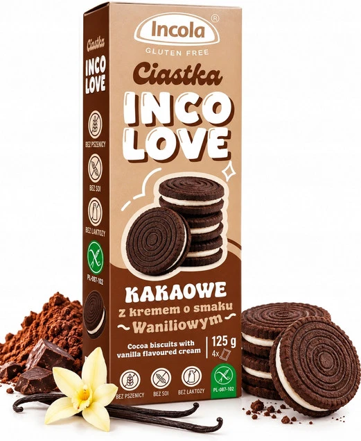 Bezglutenowe ciastka WANILA KAKAO 125g INCOLOVE Bez glutenu soi