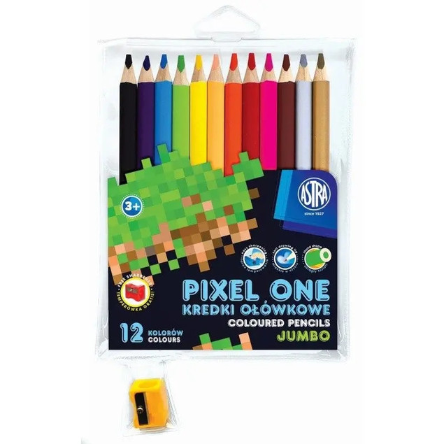 KREDKI OŁÓWKOWE OKRĄGŁE JUMBO 12 KOLORÓW PIXEL