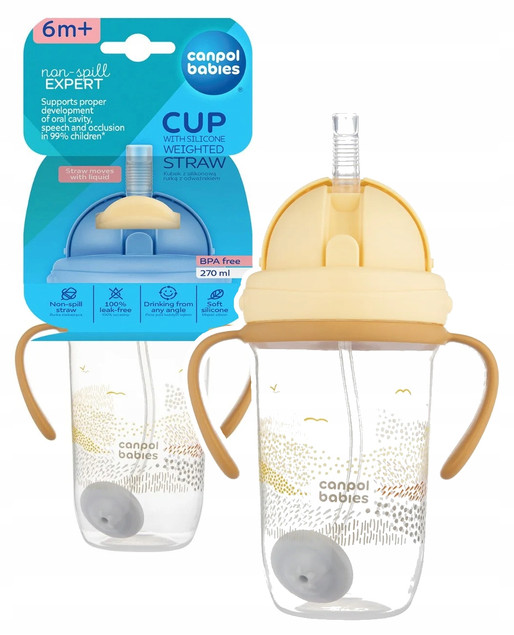 CANPOL Kubek Niekapek z Rurką i Odważnikiem Dla Dzieci 270ml ŻÓŁTY