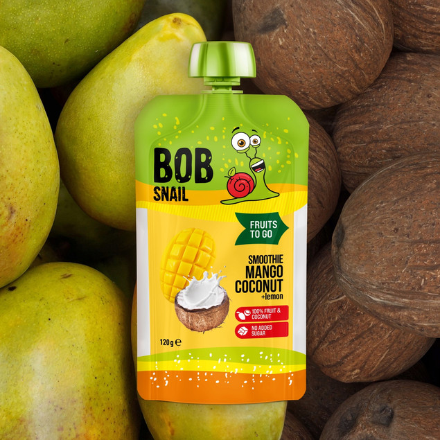 Mus owocowy 100% owoców bez dodatku cukru BOB SNAIL Mango Kokos 10х120g