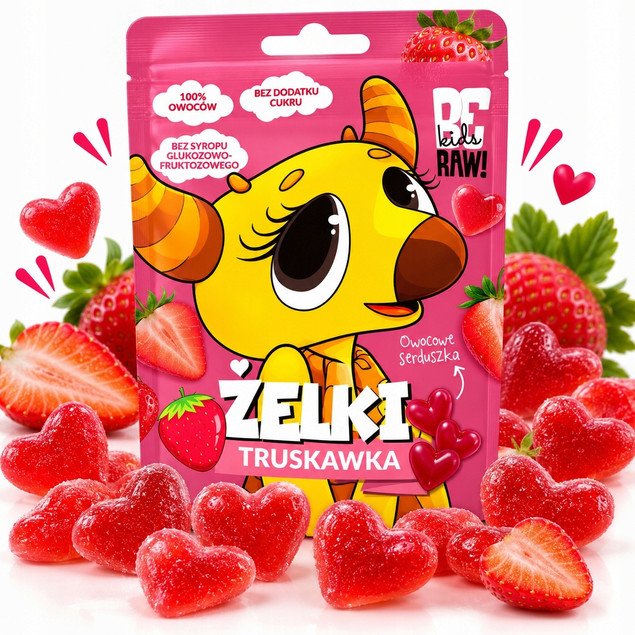 BeRAW Kids Żelki Truskawkowe bez cukru Truskawka 35g Purella