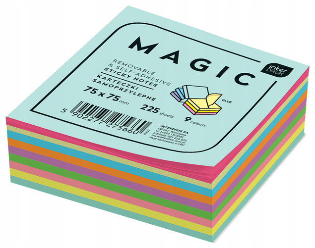 Karteczki samoprzylepne Magic Cube 75x75mm 9 kolorów 225 kartek