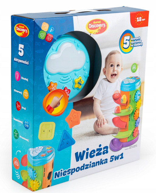Dumel Discovery Wieża Niespodzianka 5w1 Zjeżdżalnia Sorter Kulodrom Melodie