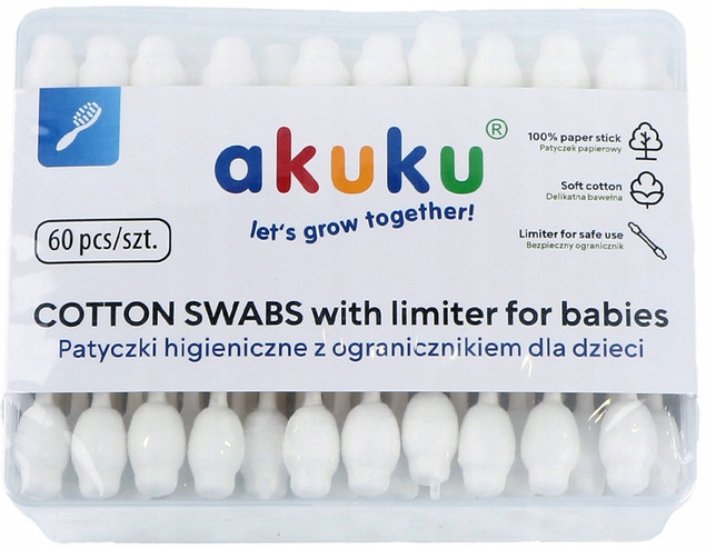 Patyczki do uszu Akuku 60 szt. bawełniane z ogranicznikiem