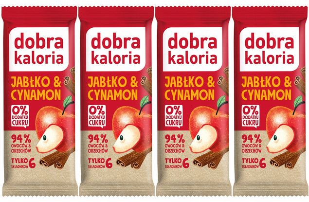 4x DOBRA KALORIA Zdrowy Baton Jabłko Cynamon 94% Owoców i Orzechów Błonnik