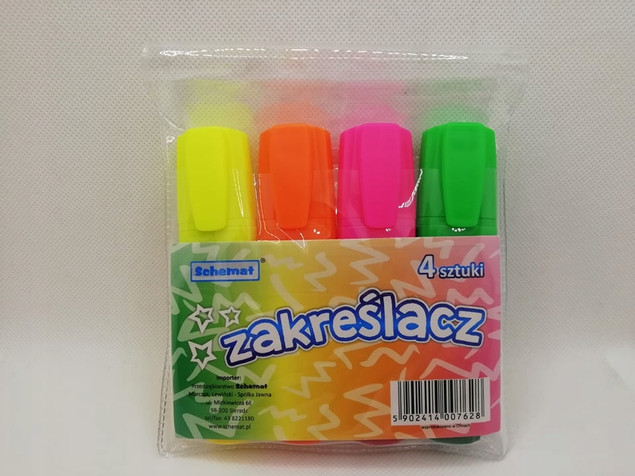 SZKOLNY ZESTAW ZAKREŚLACZE Fluorescencyjne 4 Sztuki SCHEMAT PISAKI Neonowe