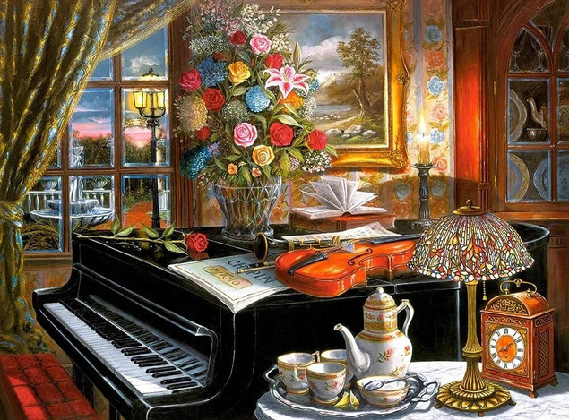 PUZZLE 2000 KWIATY PIANINO SKRZYPCE WIDOK WAZON BUKIET CASTORLAND