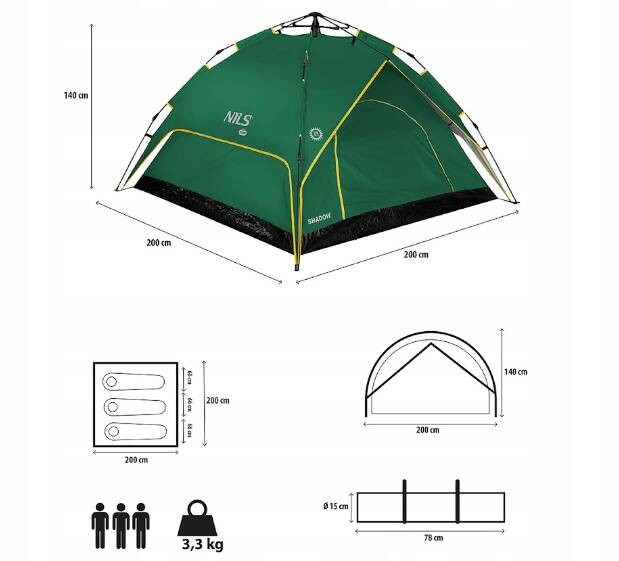 NILS Duży Namiot Turystyczny Kempingowy 3osobowy Wodoodporny NC7819