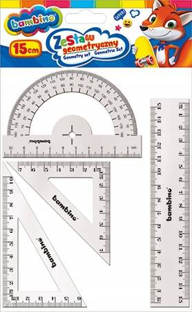 Przybory Geometryczne 15cm 4 Elementy Ekierka Kątomierz Linijka Bambino